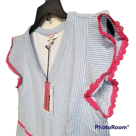 Andree By Unit Blue And White Pinstriped Pink Trim Ruffle Sleeve Baby Doll Dress - Picture 4 of 8